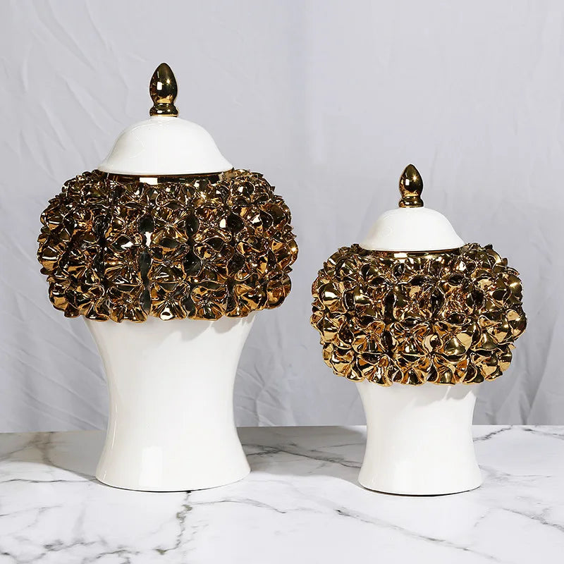 DecorBites™ Golden Flower Ginger Jar Relief Flower Vase Home Decor