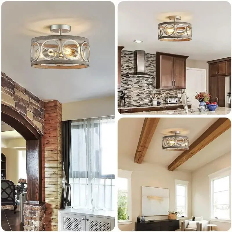 DecorBites™ Industrial Farmhouse Circular Chandelier Retro Iron Art Wood Grain Ceiling Light