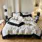 Decobites French Vintage Black Ruffles Duvet Cover Set with Pillowcases, Nordic Luxury Flowers Plant Bedding Set