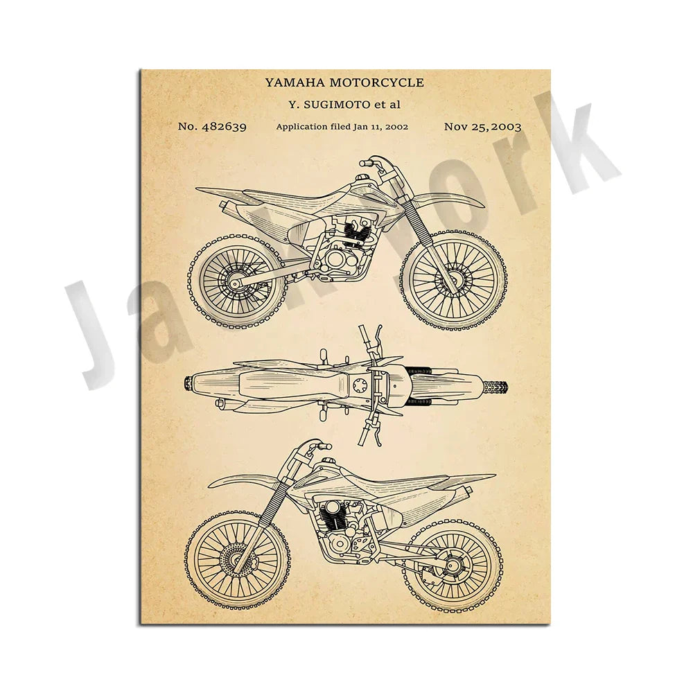 DecorBites™ Dirt Bike Patent Blueprint Poster Canvas Wall Art