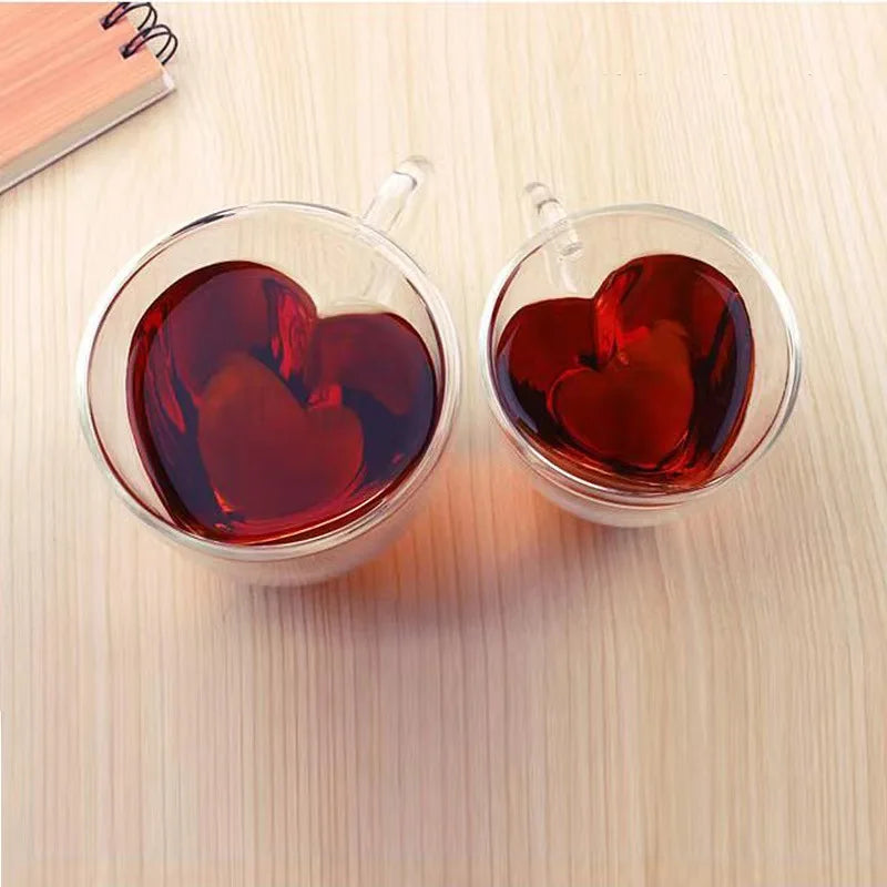 Juego de tazas de café de vidrio DecorBites™ con forma de corazón para beber té, jugo o agua. Ideal como regalo.