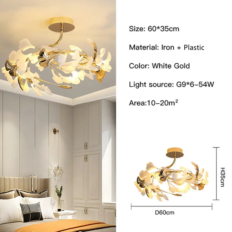 Lámpara colgante de ramas doradas Decorbites™ con hojas de porcelana - Decoración de lujo para sala de estar