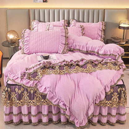 Decobites Velvet Bedding Set with Gold Lace Ruffles, Removable Bed Skirt & Pillowcase