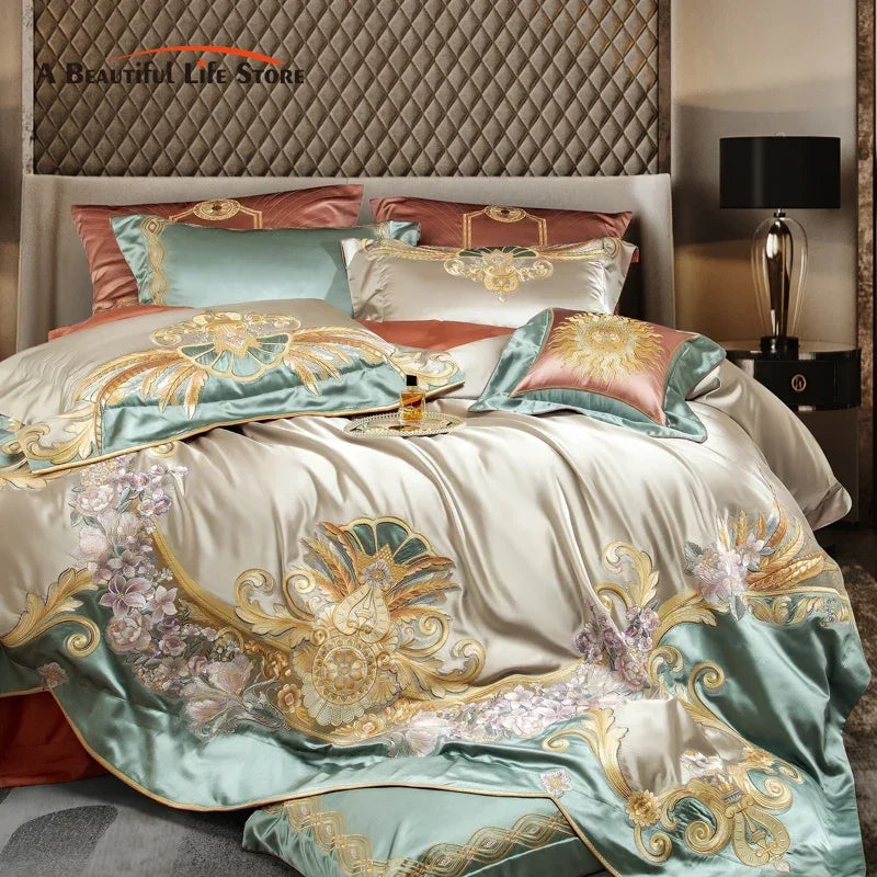 Decobites Vintage Flowers & Gold Embroidery Bedding Set - 4/6/9Pcs Egyptian Cotton Duvet Cover, Sheet & Pillowcases