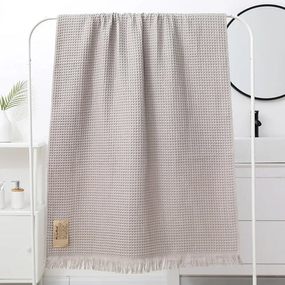DecorBites™ Geometric Tassel Bath Towel - 100% Cotton, Quick-Dry, Multi-colored Waffle Design - 90x180cm