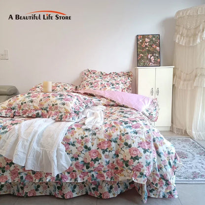 Decobites Vintage Rose Flowers Lace Ruffles Cotton Girl Bedding Set - 1 Duvet, 1 Sheet, 2 Pillowcases