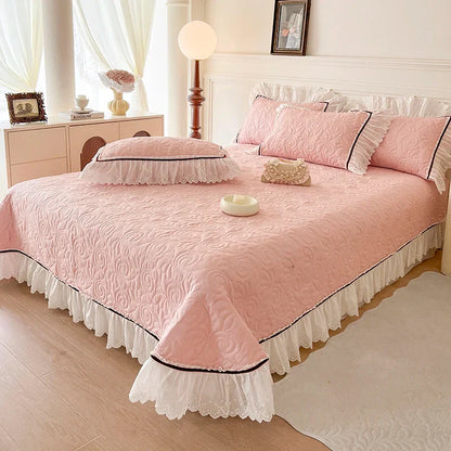 Decobites Princess Style Cotton Quilted Bedspread Set with Lace Edge & Pillowcase