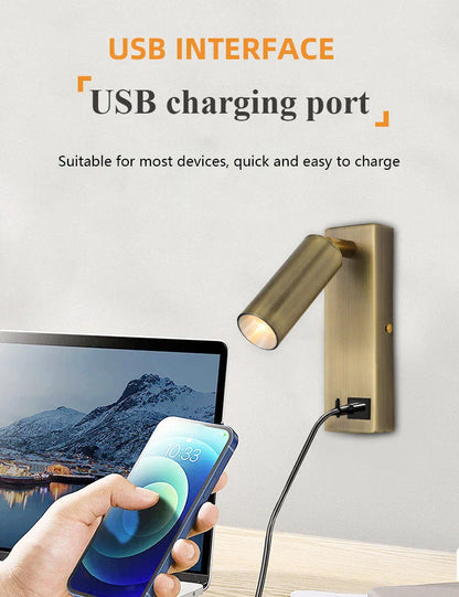 DecorBites™ Black Brass LED Wall Lamp Sconce with Switch and USB Port, 3W Spotlight
