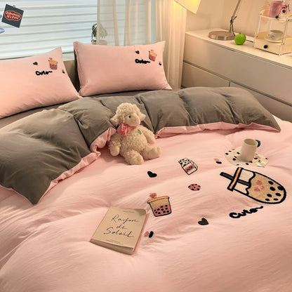 DecorBites™ Cartoon Embroidered Cotton Bedding Set for King/Queen Beds