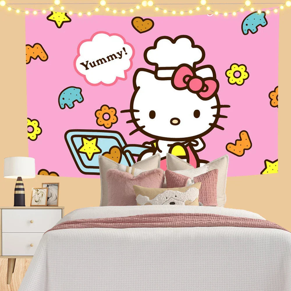 Kawaii Hello Cats Room Cloth Poster Wallcloth Tapestry Wall Hanging Decobites Dorm Decor