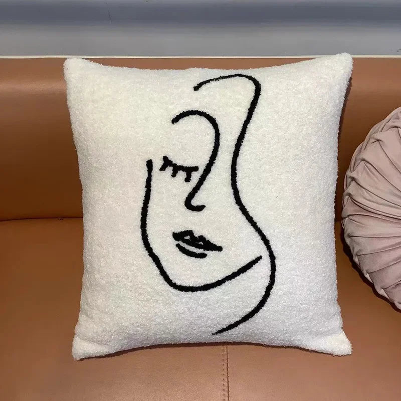 DecorBites™ Lambswool Face Embroidered Cushion Cover 45x45 - Beige White Abstract Art Pillowcase