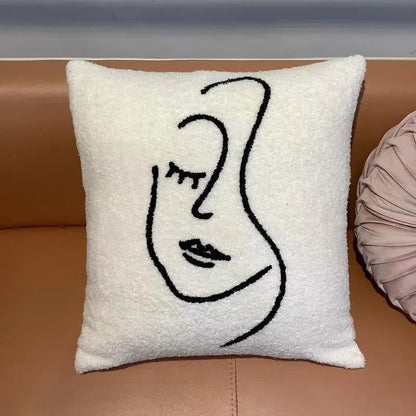 DecorBites™ Lambswool Face Embroidered Cushion Cover 45x45 - Beige White Abstract Art Pillowcase