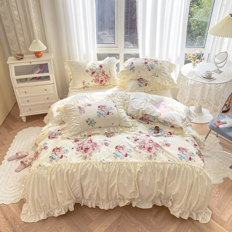 Decobites Rose Print Cotton Bedding Set with Pleated Ruffles and French-Inspired Design