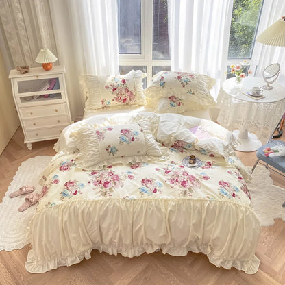 Decobites Rose Print Cotton Bedding Set with Pleated Ruffles and French-Inspired Design