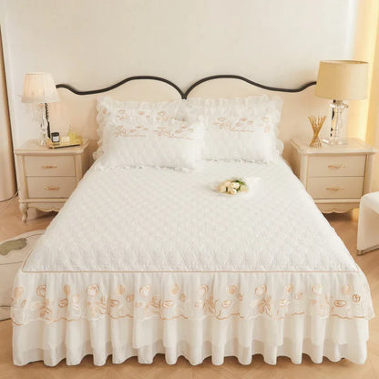 Decobites Quilted Embroidery Bedding Set with Lace Ruffles, Duvet Cover, Bed Skirt - Various Colors