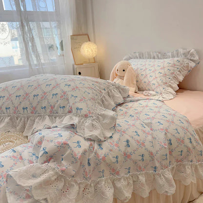 Decobites Korean Princess Style Floral Lace Ruffles Bedding Set with Pillowcase