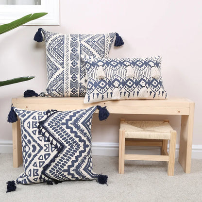 DecorBites™ Ethnic Geometric Printed Tufted Tassels Cushion Cover for Sofa Living Room