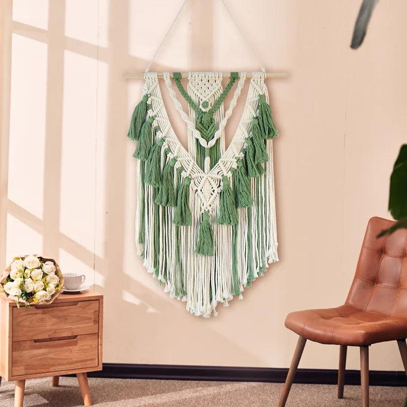 Decobites Green Macrame Tassel Stick Wall Hanging for Home Decoration