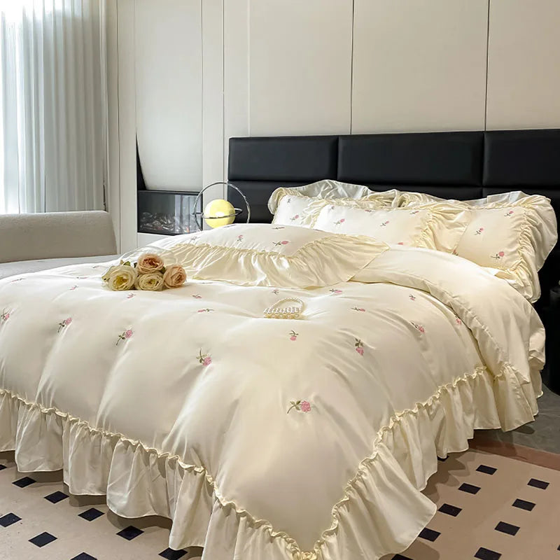 DecorBites™ Ice Silk Embroidery Bedding Sets: Luxury Rayon Duvet Set with Lace, Soft & Cozy