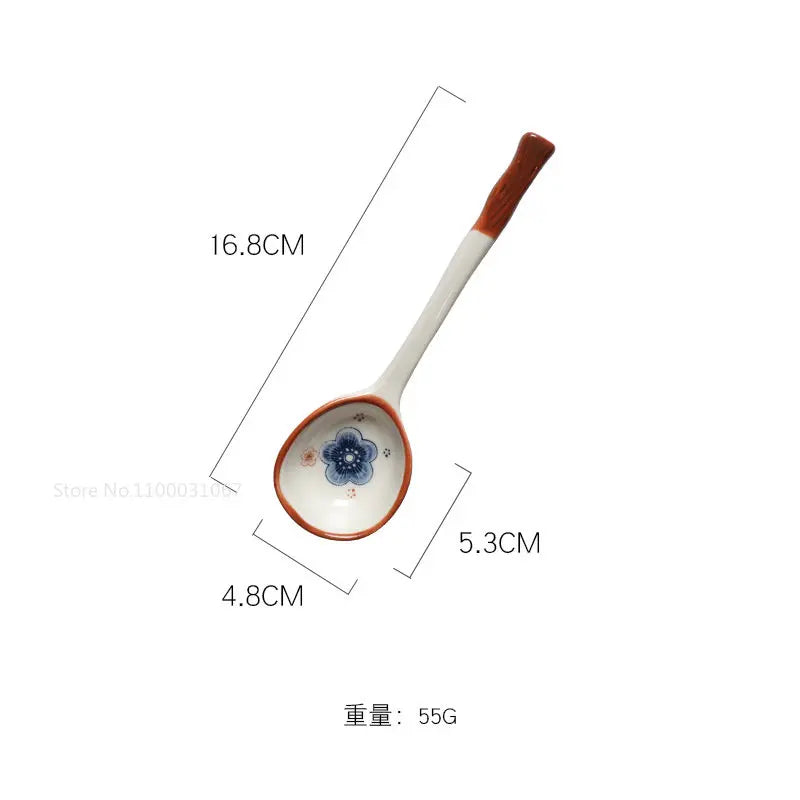 DecorBites™ Japanese Vine Ceramic Spoon Set - Ins Wind Hand-painted Long Handle Dessert Spoons