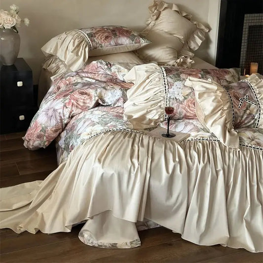 Decobites Vintage Floral Bedding Set with Ruffles in Egyptian Cotton, Romantic Oil Painting Style