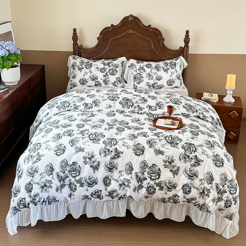 Decobites French Flowers Lace Ruffles Princess Bedding Set with Bed Sheet Pillowcases