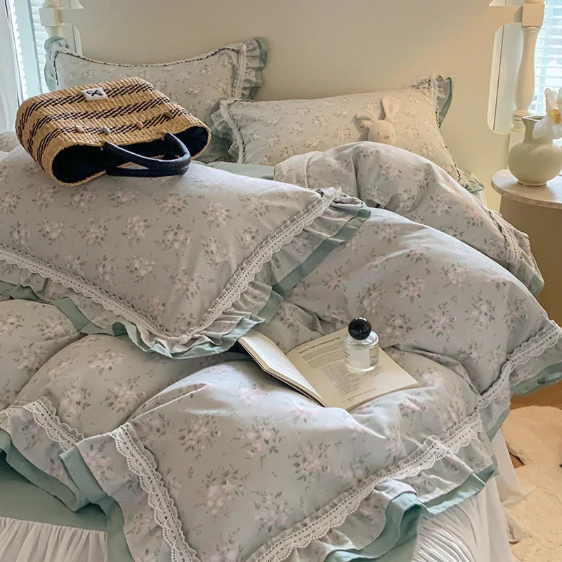 DecorBites™ Lace Ruffles Cotton Floral Duvet Set with Pillowcase, Princess Bedding