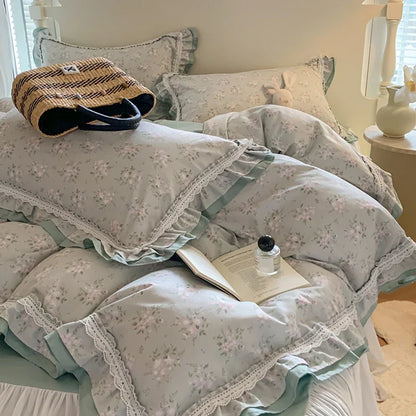 DecorBites™ Lace Ruffles Cotton Floral Duvet Set with Pillowcase, Princess Bedding