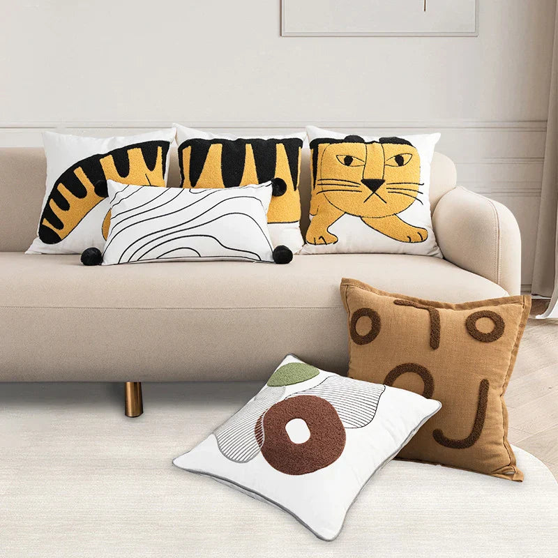 DecorBites™ Cartoon Tiger Embroidered Cotton Pillow Cover for Bedroom