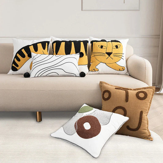 DecorBites™ Cartoon Tiger Embroidered Cotton Pillow Cover for Bedroom
