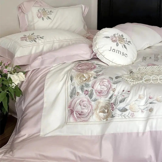 Decobites Peony Flowers Embroidery Princess 1000TC Egyptian Cotton Bedding Set 4Pcs