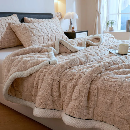 Manta de lana de cordero DecorBites™: Doble cara, grueso forro polar coral, suave y cálida