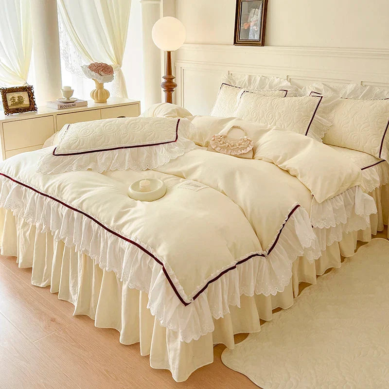 Decobites Lace Ruffles Bedding Set: 4pcs Solid Color Princess Quilt Cover, Bed Skirt, 100% Cotton Pillowcase