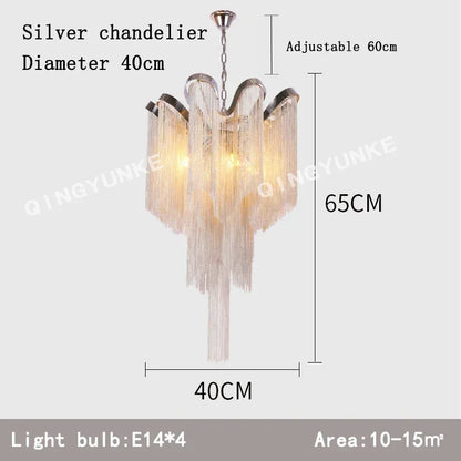 DecorBites™ Fringed Chandelier: Silver & Gold Aluminium Chain Pendant Light for Luxe Home & Hotel Decor