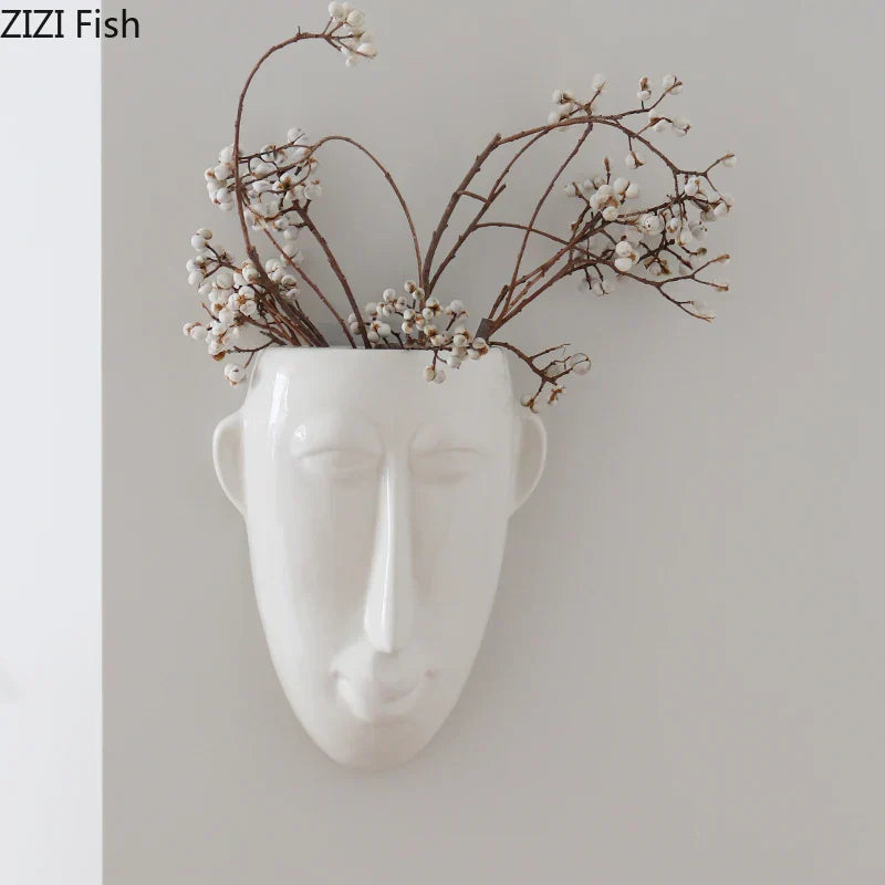 ديكور بايتس™ - مزهرية خزفية على شكل وجه إنسان تجريدي، وعاء نباتات، ديكور غرفة