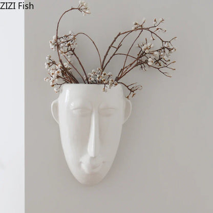 ديكور بايتس™ - مزهرية خزفية على شكل وجه إنسان تجريدي، وعاء نباتات، ديكور غرفة
