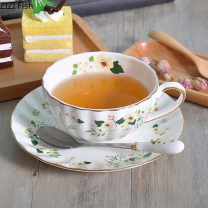 DecorBites™ Elegant Gold Flower Cup & Saucer Set - Delicate Porcelain Tea Coffee Mug