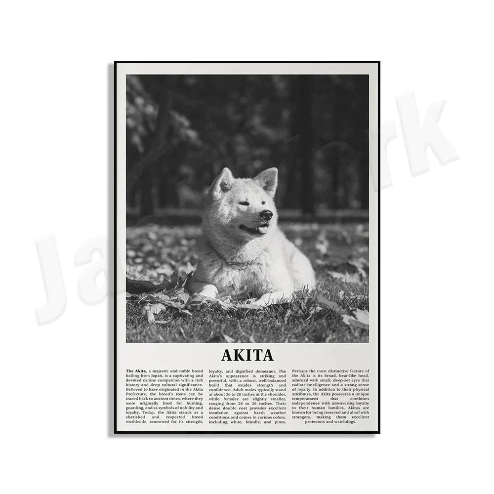 DecorBites™ Black & White Dog Breeds Poster: Greyhound, Cocker Spaniel, Akita, Malamute, Cattle Dog