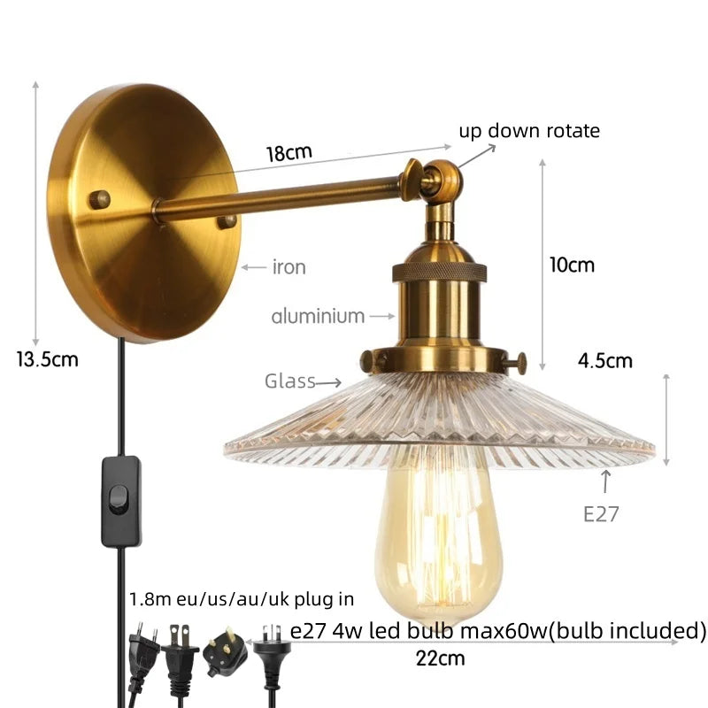 DecorBites™ Industrial Loft LED Wall Lights for Bedroom, Plug In Stairs Lamp