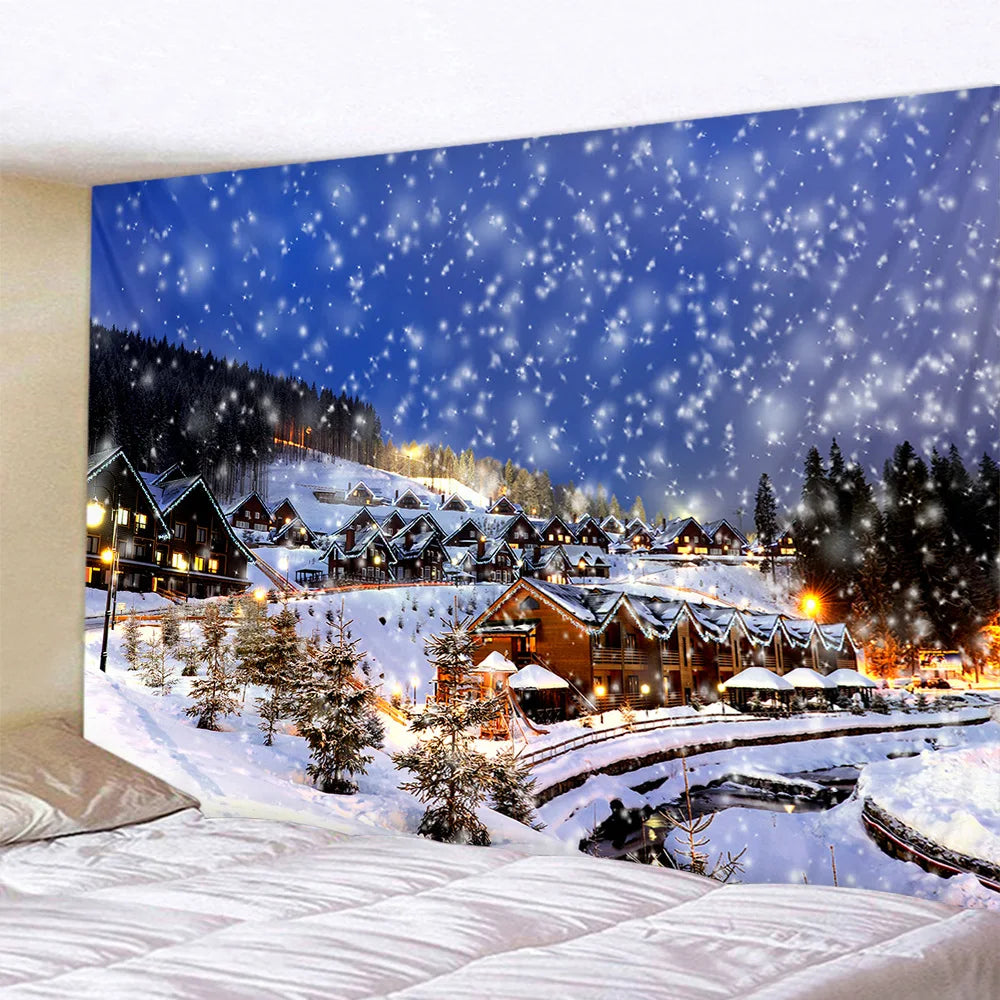 Decobites Snowy Town Tapestry: Nordic Christmas Wall Hanging for Boho Room Decor