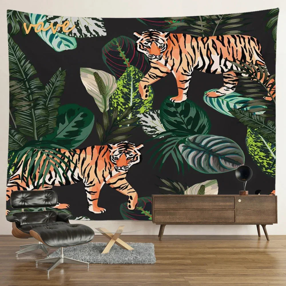 Decobites Psychedelic Tiger Tapestry Wall Hanging - Mysterious Flower Jungle Moon Landscape