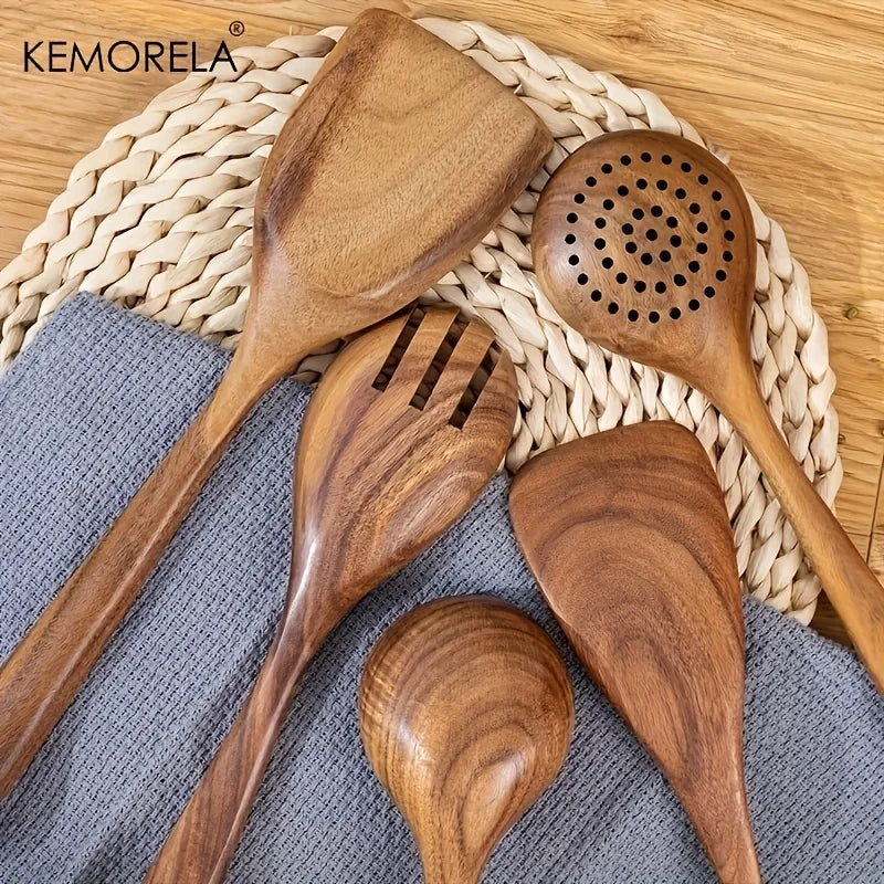 DecorBites™ 5-Piece Natural Wooden Tableware Set | Kitchen Cookware Utensils