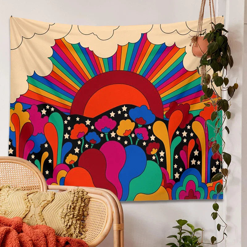 Decobites Retro Floral Sun Rainbow Tapestry Wall Hanging - Psychedelic Vintage Dorm Decor