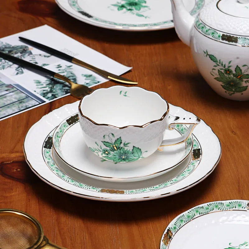 DecorBites™ Green Plant Patterns Ceramic Tea Cup Set with Spoon and Plate - Perfect for English Afternoon Tea Time