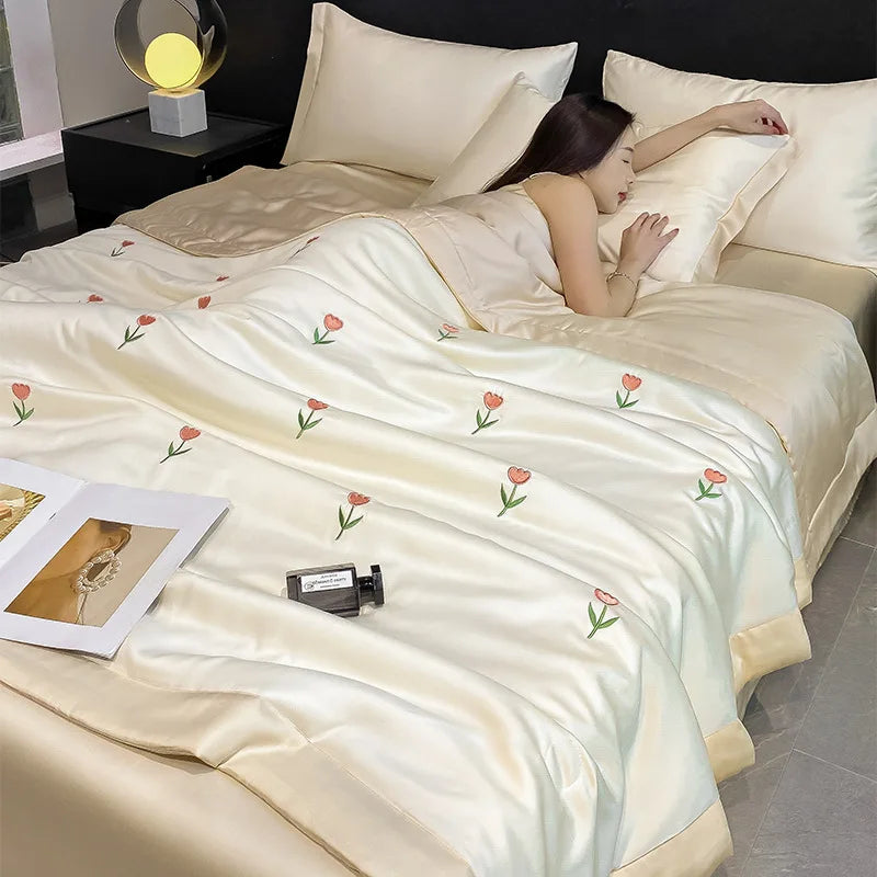 DecorBites™ Bowknot Embroidered Summer Bedding Set - Soft & Skin-friendly Quilt, Duvet, Pillowcases