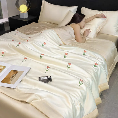 DecorBites™ Bowknot Embroidered Summer Bedding Set - Soft & Skin-friendly Quilt, Duvet, Pillowcases