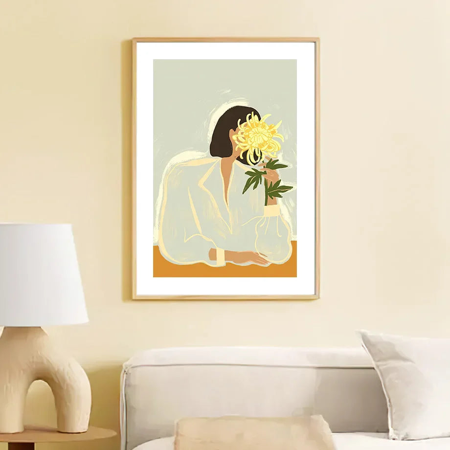 Pintura abstracta de lienzo con diseño de niña, mano, fruta, flor, hoja, jarrón, arte de pared