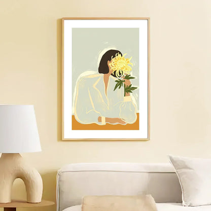 Pintura abstracta de lienzo con diseño de niña, mano, fruta, flor, hoja, jarrón, arte de pared