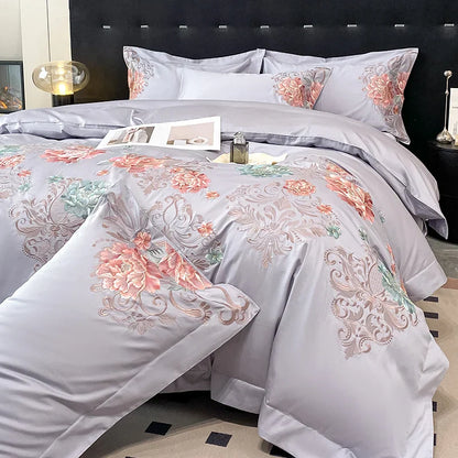 Decobites Luxury Flowers Embroidery Cotton Bedding Set - Queen King Size