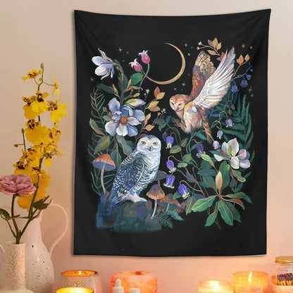 Decobites Owls Night Garden Tapestry Wall Hanging - Psychedelic Moon Magic Plant Flower Tapestries